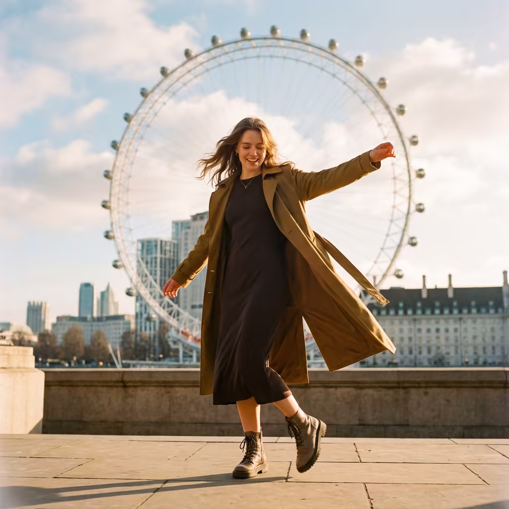 Client celebrating her legalized documents by the London Eye